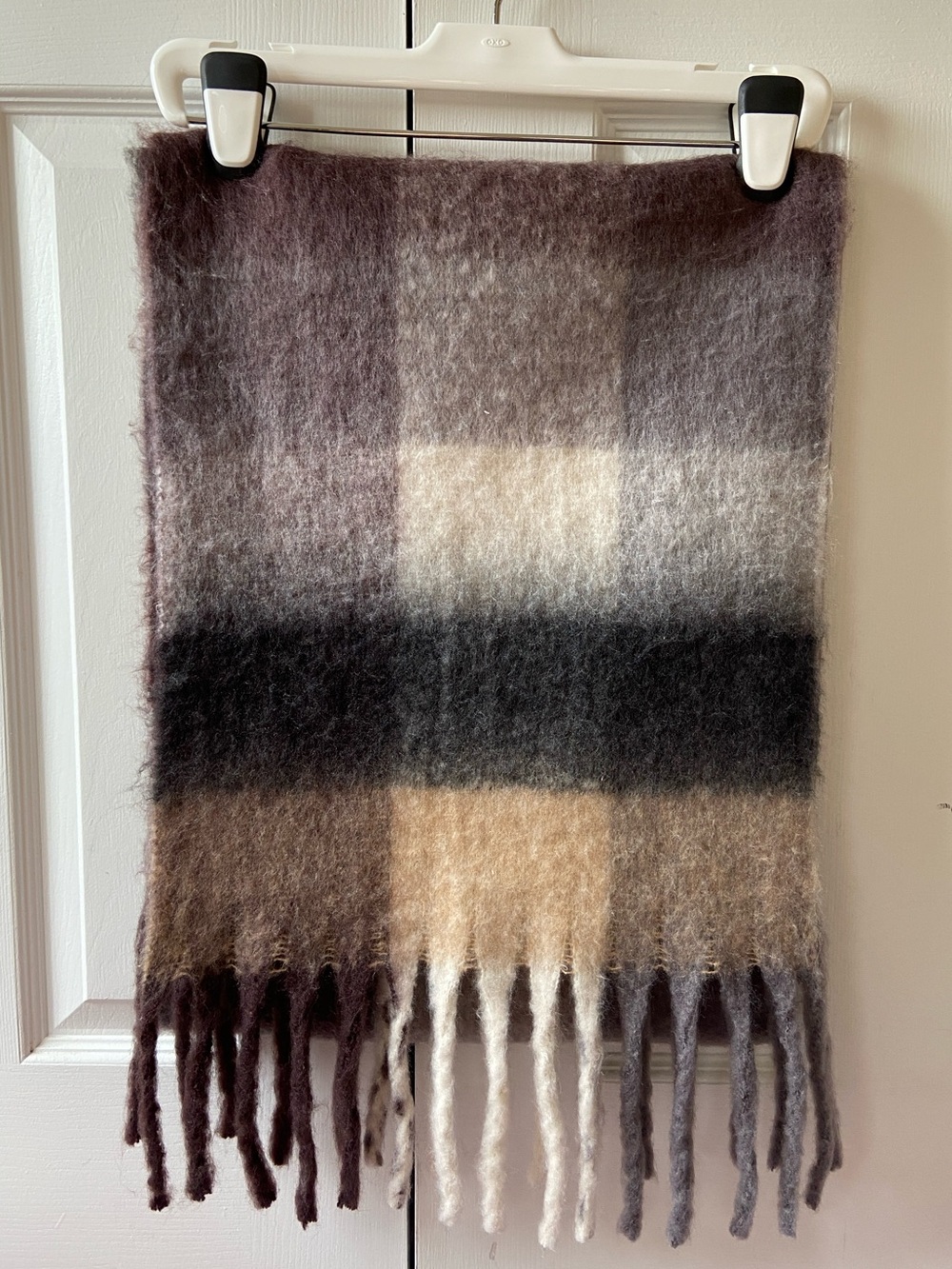 Brushed Chunky Long Scarf, Plaid, Brown/Grey, *NEW*